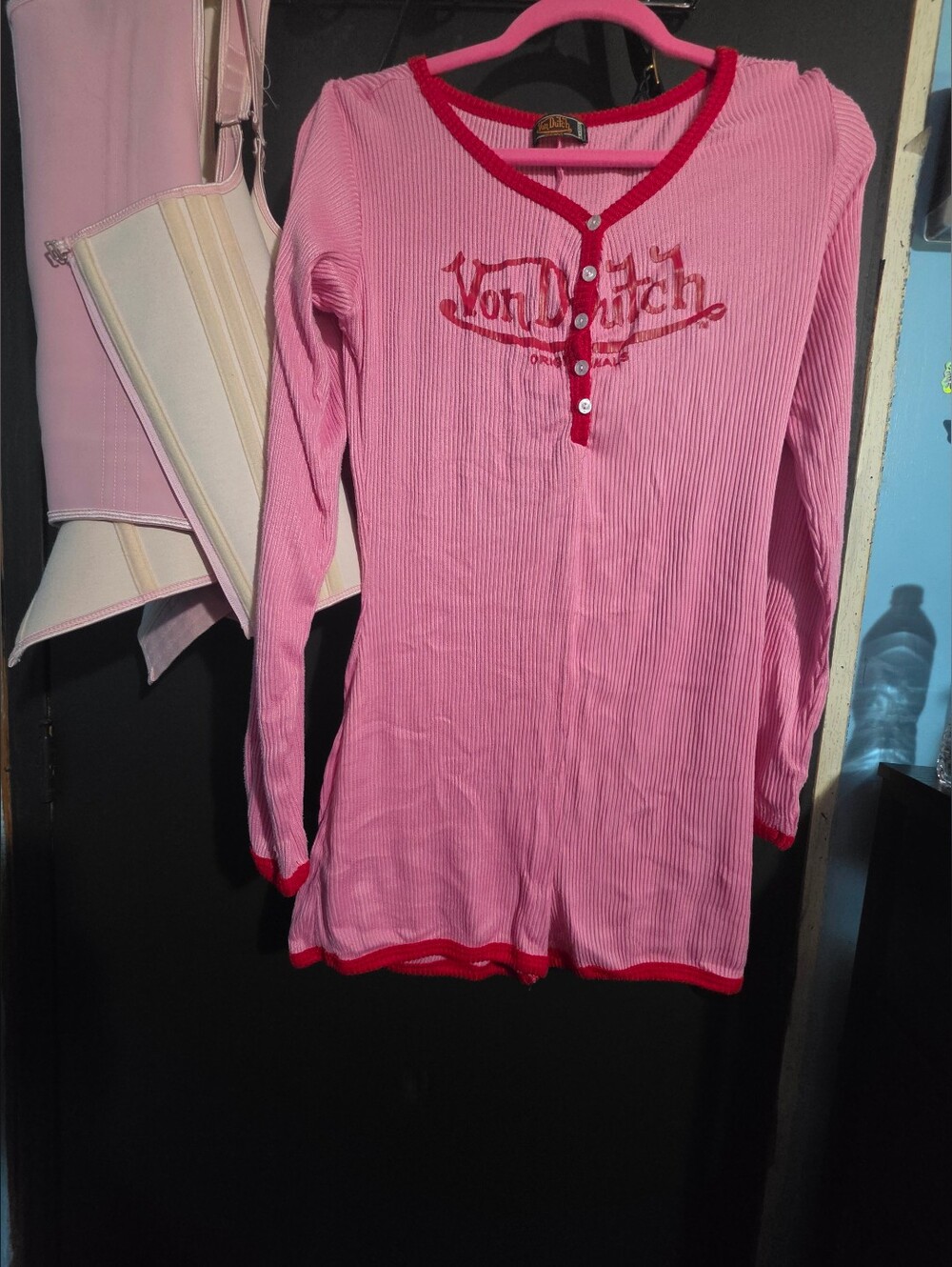 Von Dutch Pink Ribbed Long-Sleeve Henley with Red Trim
